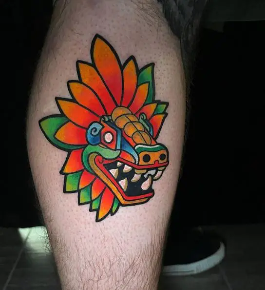 Colorful Head of Mayan Serpent Calve Muscle Tattoo
