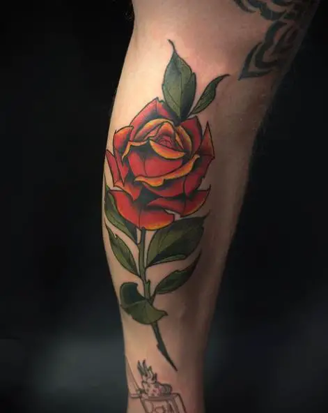 Big Realistic Red Rose Leg Tattoo