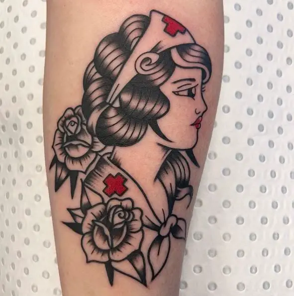 Black & Red Nurse and Roses Tattoo