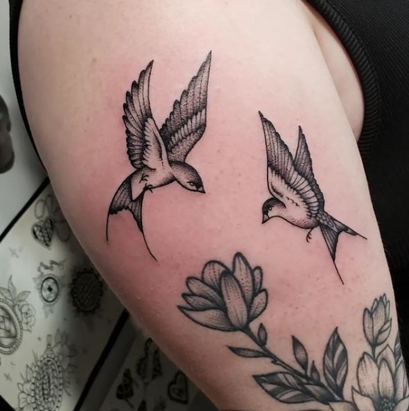 Flowers and Two Sparrows Arm Tattoo