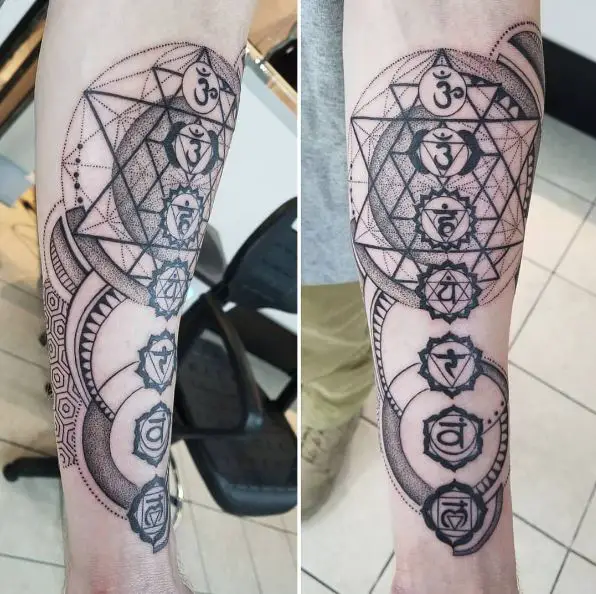 Geometric Chakra Symbols Forearm Tattoo