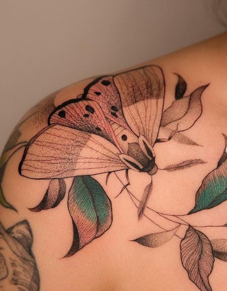 Green Leaves and Grey Moth Shoulder Tattoo