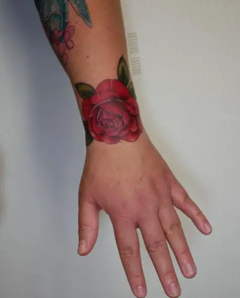 Red Rose Wrist Band Tattoo