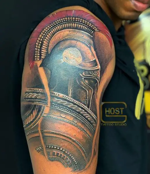 Colored Spartan Warrior Arm Sleeve Tattoo