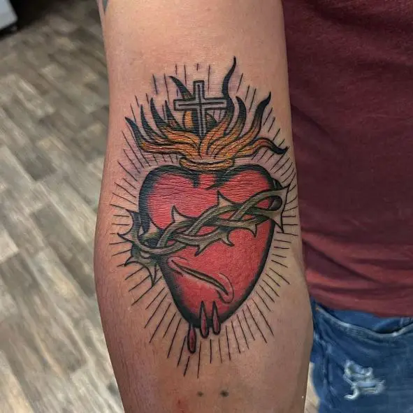 Red Sacred Heart Forearm Tattoo