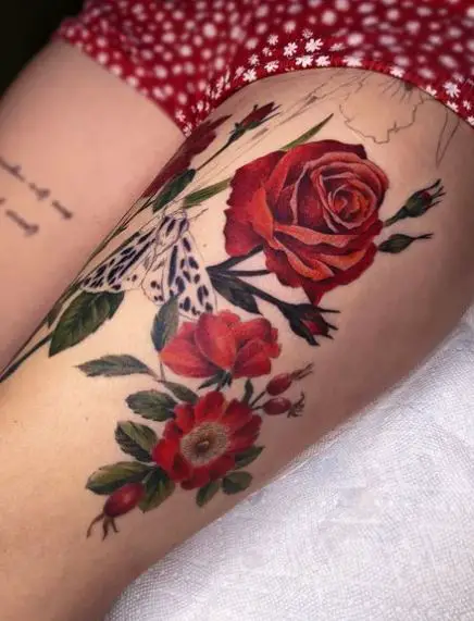 Red Roses and Butterfly Leg Tattoo