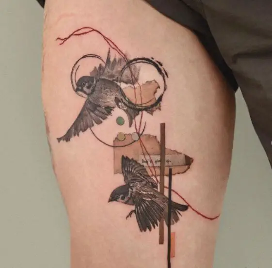 Colored Two Sparrows Thigh Tattoo
