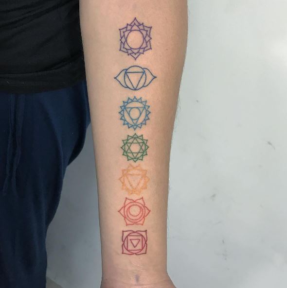 Colored Chakra Symbols Forearm Tattoo