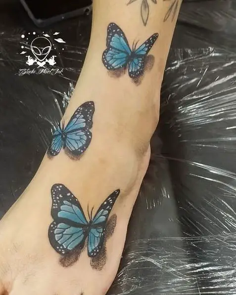 3D Blue and Black Butterflies Leg Tattoo