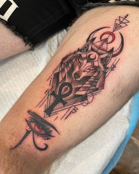 Anubis Ankh and Eye of Horus Thigh Tattoo