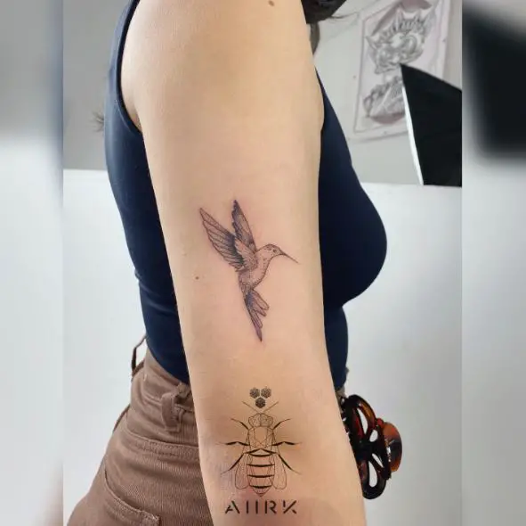 Hummingbird and Bee Elbow Tattoo