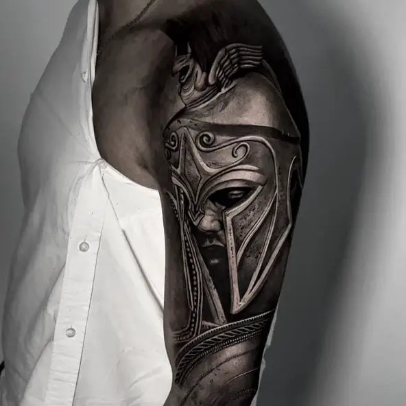 Realistic Grey Spartan Warrior Sleeve Tattoo