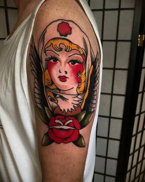 Big Colorful Nurse and Rose Tattoo