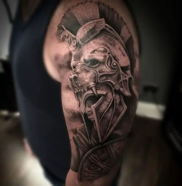 Grey Shaded Spartan Warrior Arm Tattoo