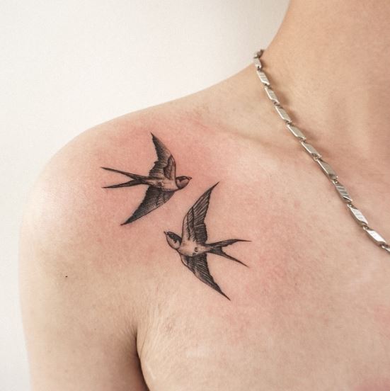 Black and Grey Two Flying Swallows Shoulder Tattoo