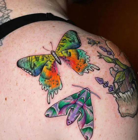 Two Colored Moths Shoulder Tattoo