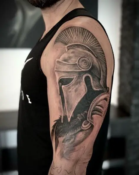 Realistic Grey Spartan Warrior Arm Tattoo