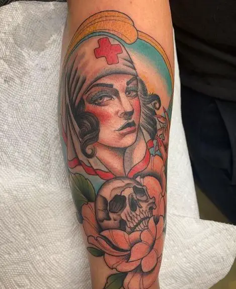 Colorful Nurse and Skull Tattoo