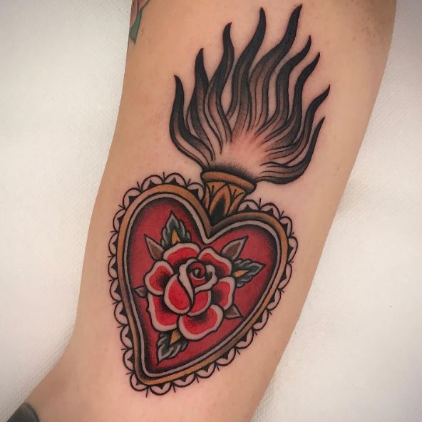 Red Rose in Sacred Heart Arm Tattoo