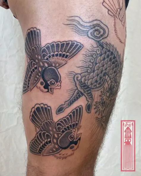 Tribal Sparrows Thigh Tattoo