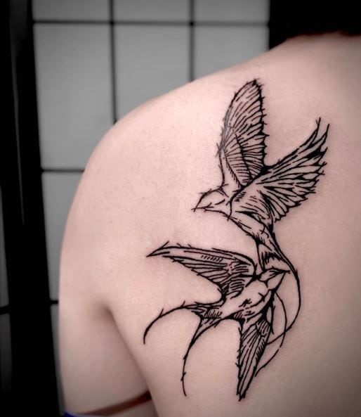 Sketched Two Flying Swallows Shoulder Tattoo