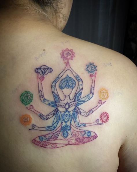 Goddess Kali and Chakra Symbols Shoulder Tattoo