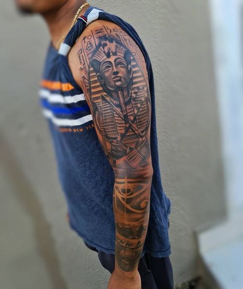 Egyptian Pharaoh and Eye of Horus Sleeve Tattoo