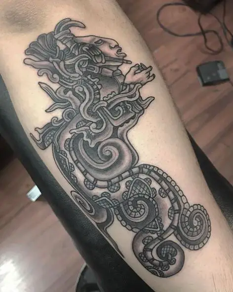 Grey Shaded Mayan Serpent Forearm Tattoo