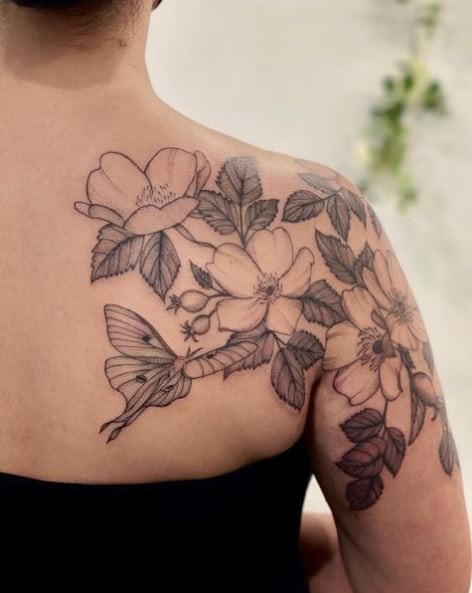 Grey Flowers and Moth Shoulder Tattoo