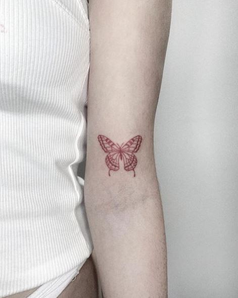 Line-Work Red Monarch Butterfly Arm Tattoo