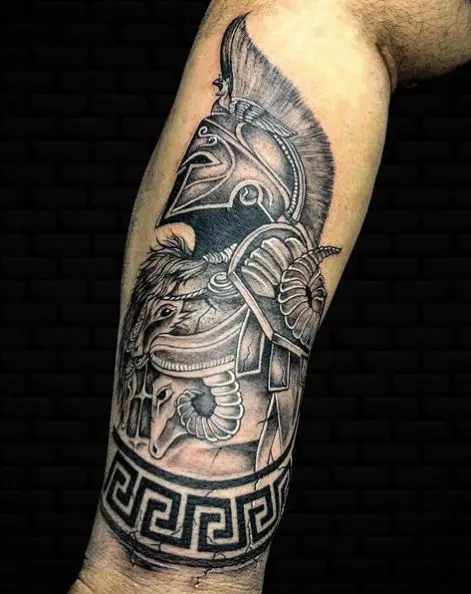 Black Spartan Warrior Leg Tattoo