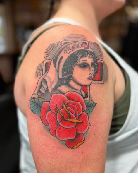 Nurse Red Cross and Rose on Shoulder Tattoo