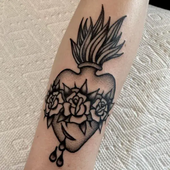 Grey Floral Sacred Heart Arm Tattoo