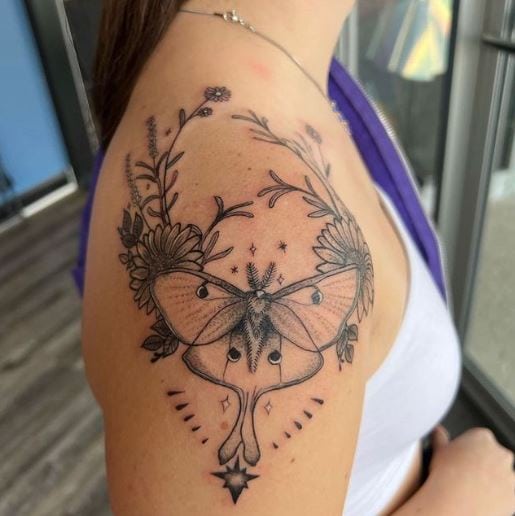 Flowers with Branches and Moth Shoulder Tattoo