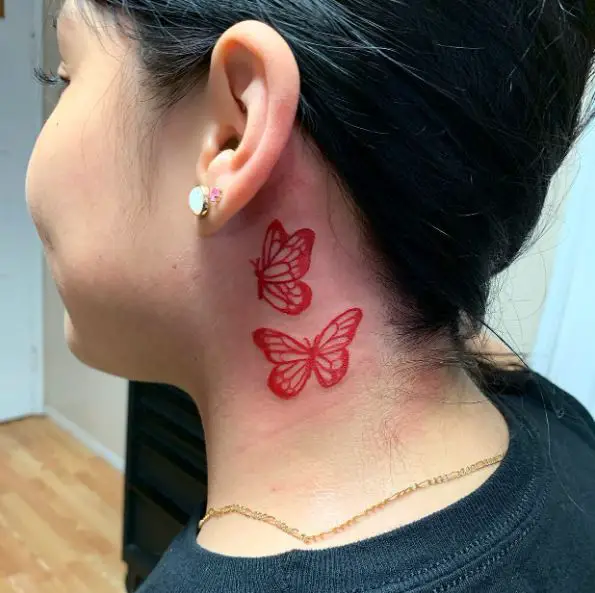 Two Bright Red Butterflies Neck Tattoo