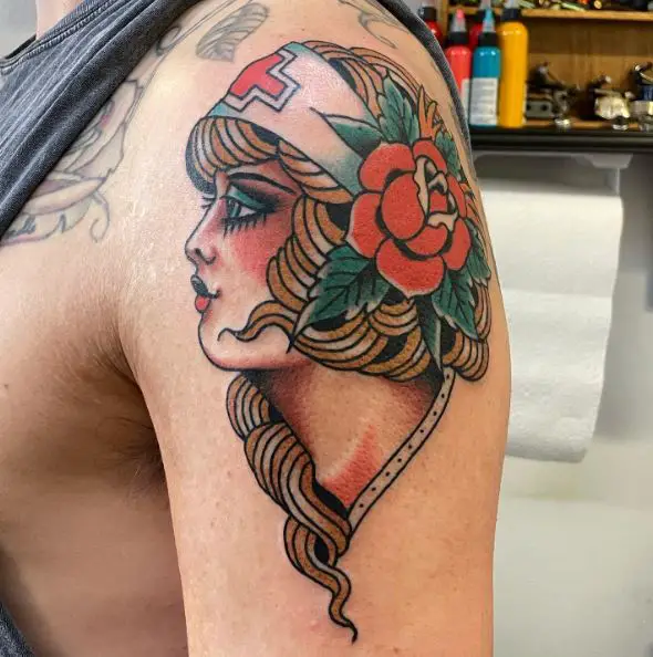Blonde Nurse with Rose in Hair Tattoo