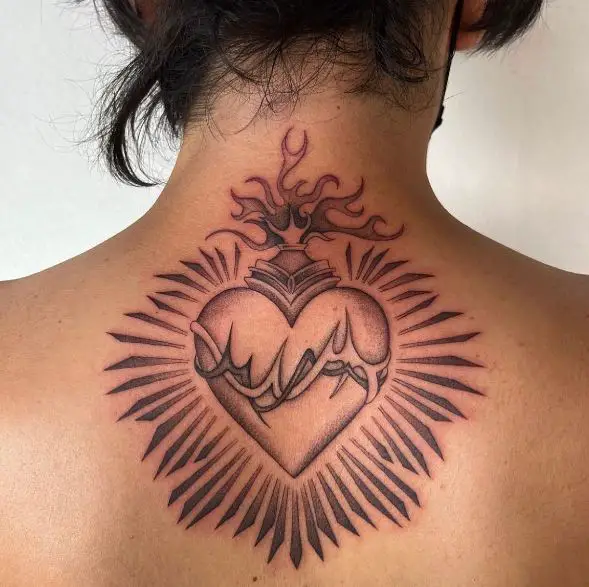 Shaded Sacred Heart Back Tattoo