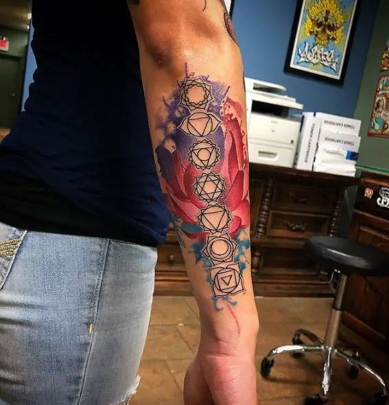 Red Lotus and Chakra Symbols Forearm Tattoo