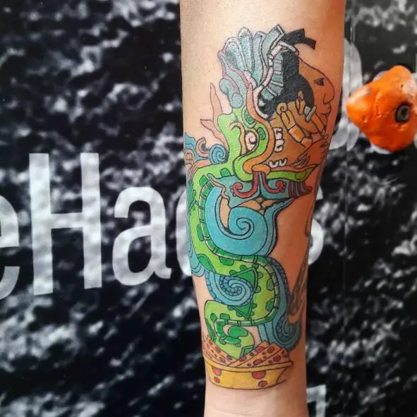 Colorful Kukulkan Forearm Tattoo