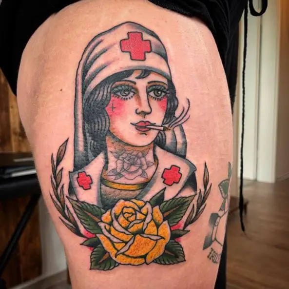 Smoking Nurse and Yellow Rose Tattoo