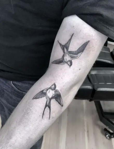 Grey Two Sparrows Elbow Tattoo