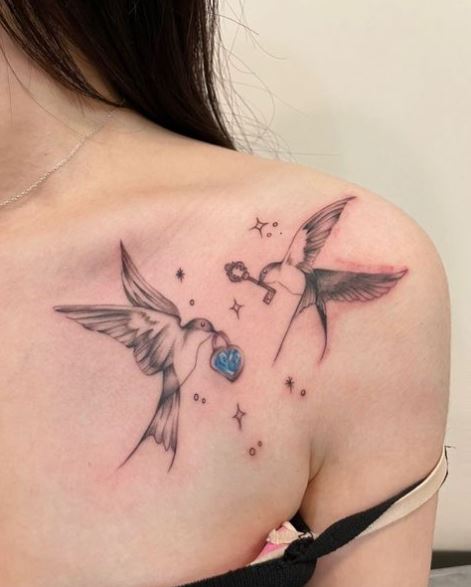 Stars and Two Swallows with Key and Locked Hearth Shoulder Tattoo