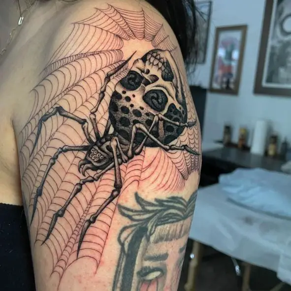 Spider with Skull  on Spider Net Shoulder Tattoo
