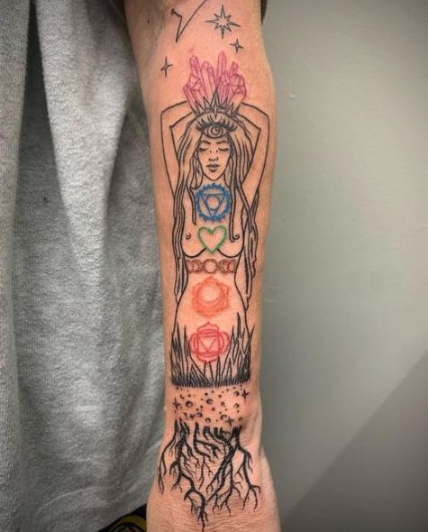 Naked Woman with Third Eye and Chakra Symbols Forearm Tattoo