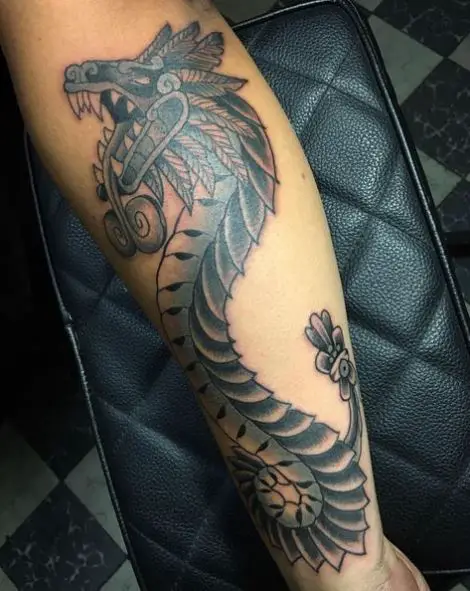Black and Grey Kukulkan Forearm Tattoo