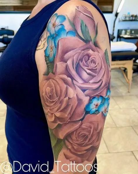 Dusty Pink Roses and Forget Me Nots Arm Tattoo