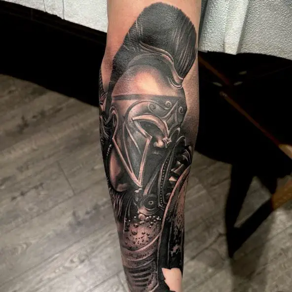 Grey Spartan Warrior Arm Sleeve Tattoo