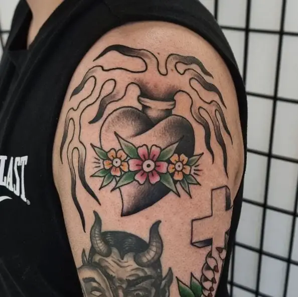 Colorful Flowers and Grey Sacred Heart Shoulder Tattoo