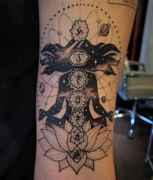 Chakra Symbols with Woman and Lotus Flower Tattoo