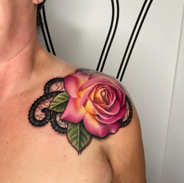 Pink Rose and Lace Shoulder Tattoo